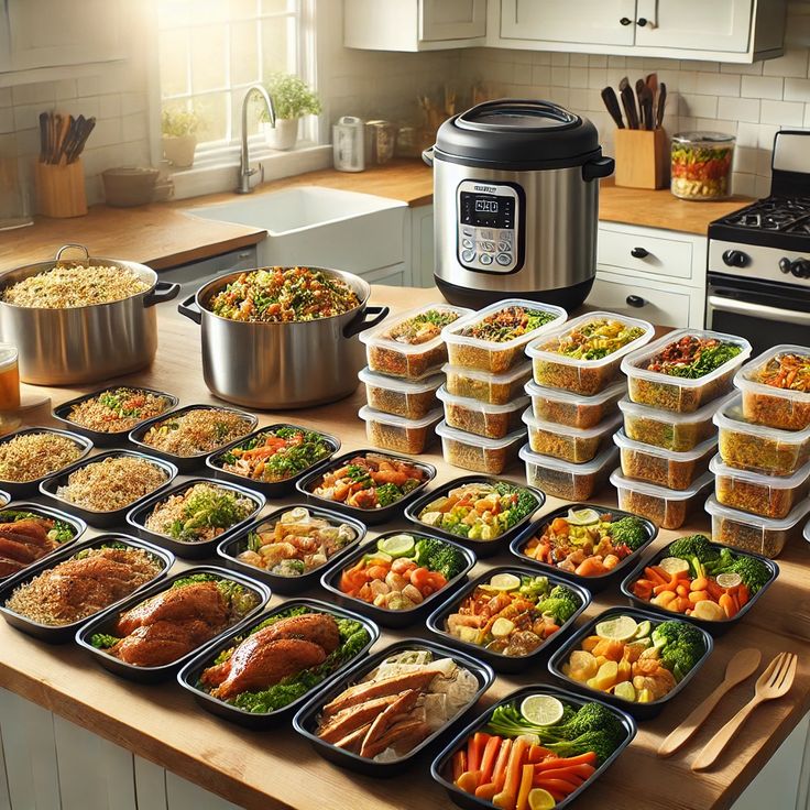 Meal preparation workspace with organized containers for weekly batch cooking